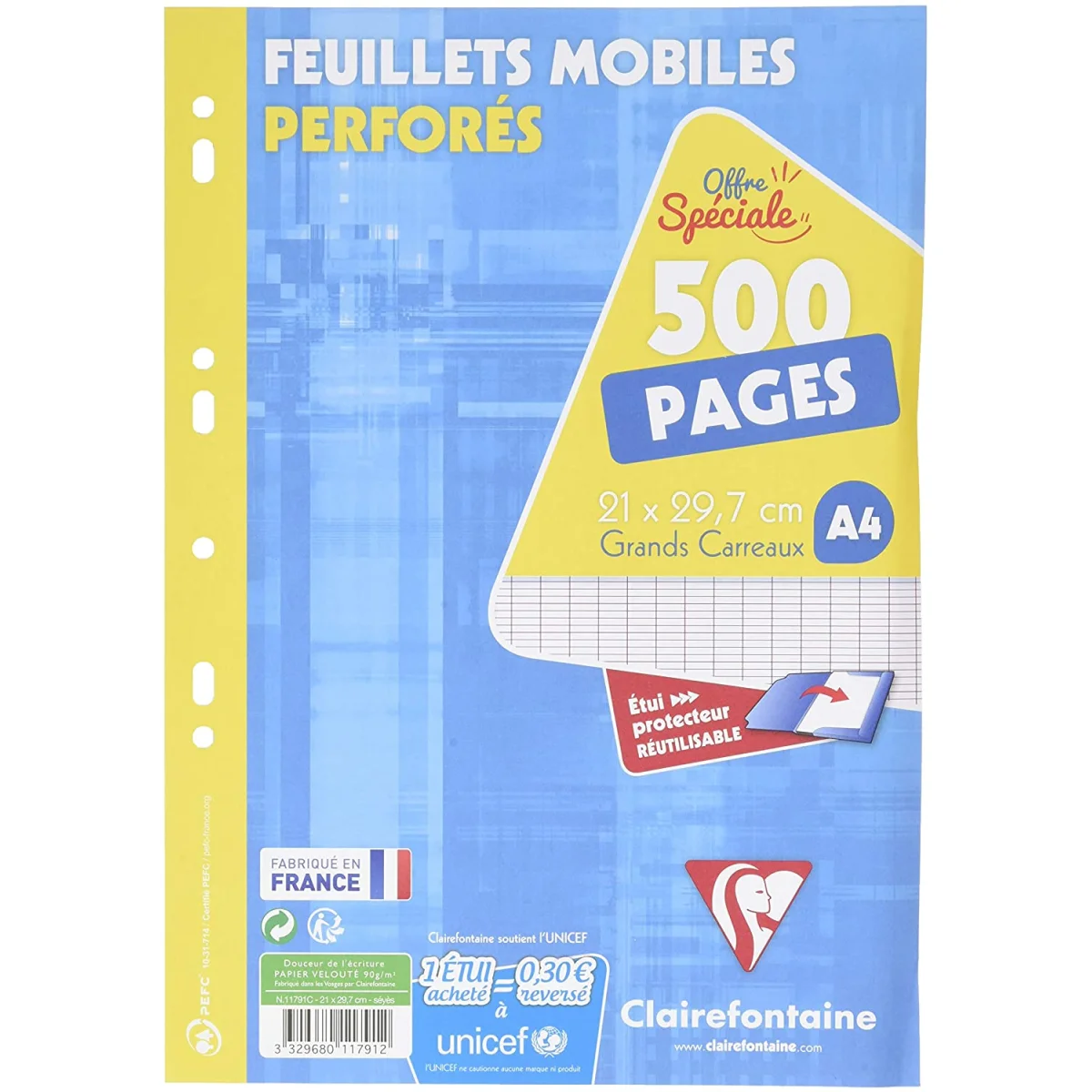 Fulls A4 seyes blanc 90g Clairefontaine -p. 500-