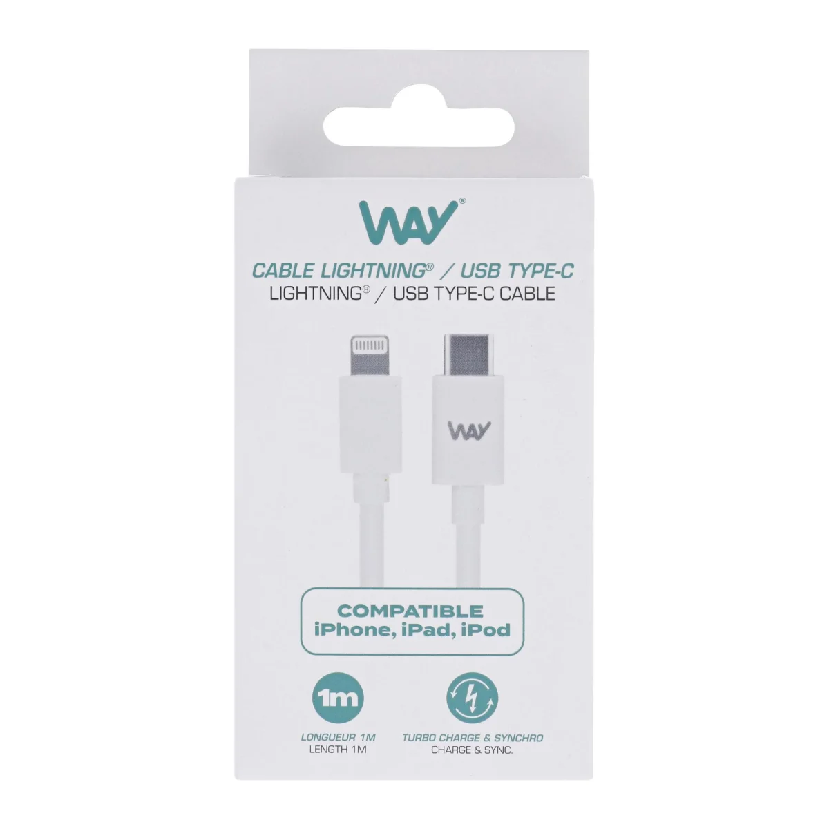 Cable de carga i sincronizació Lighting/USB-C Blanc 1m Way WCBLTC01